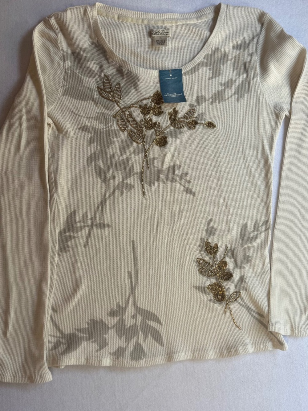 Embroidered Cotton Thermal Waffle Knit Top Lucky Brand XL NWT
